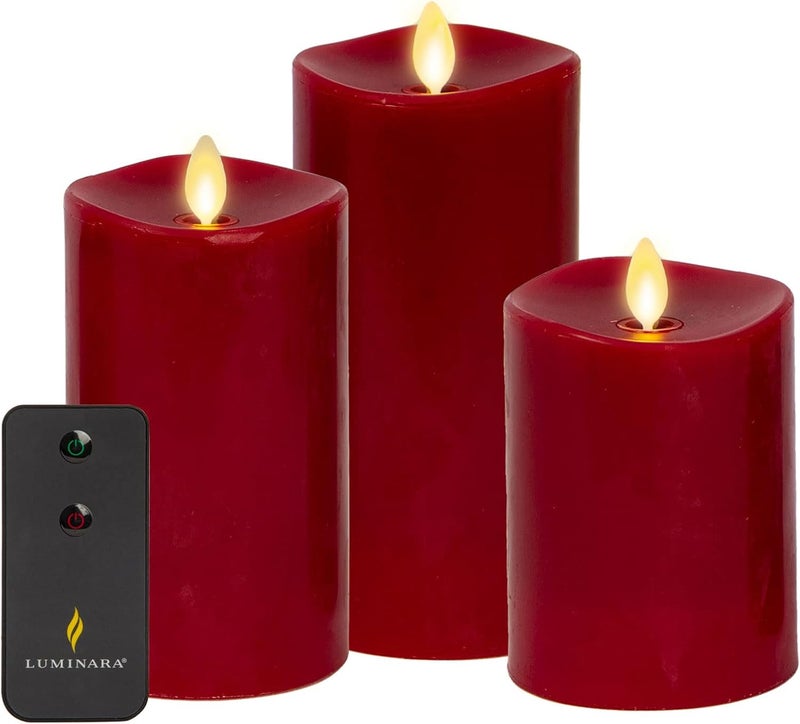 LUMINARA Flameless Flickering Melted Edge Set of 3 Candles, Battery Operated & Timer Function, Remote Included, Unscented Paraffin Burgundy Wax LED Light Pillar, Christmas Holiday Décor - Image 1